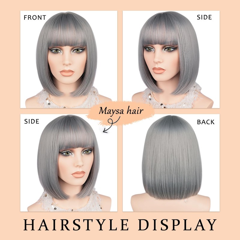 Grey Bob Wigs with Flat Bangs for Women Short Straight
