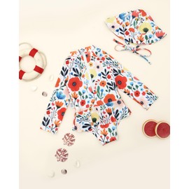 babygoal Infant Baby Girl One-Piece Swimsuit Long Sleeve Rash Guard with Hat Set, Flower Zipper Toddler Bathing Suit for Beach & Pool YZW04-3-6M-B