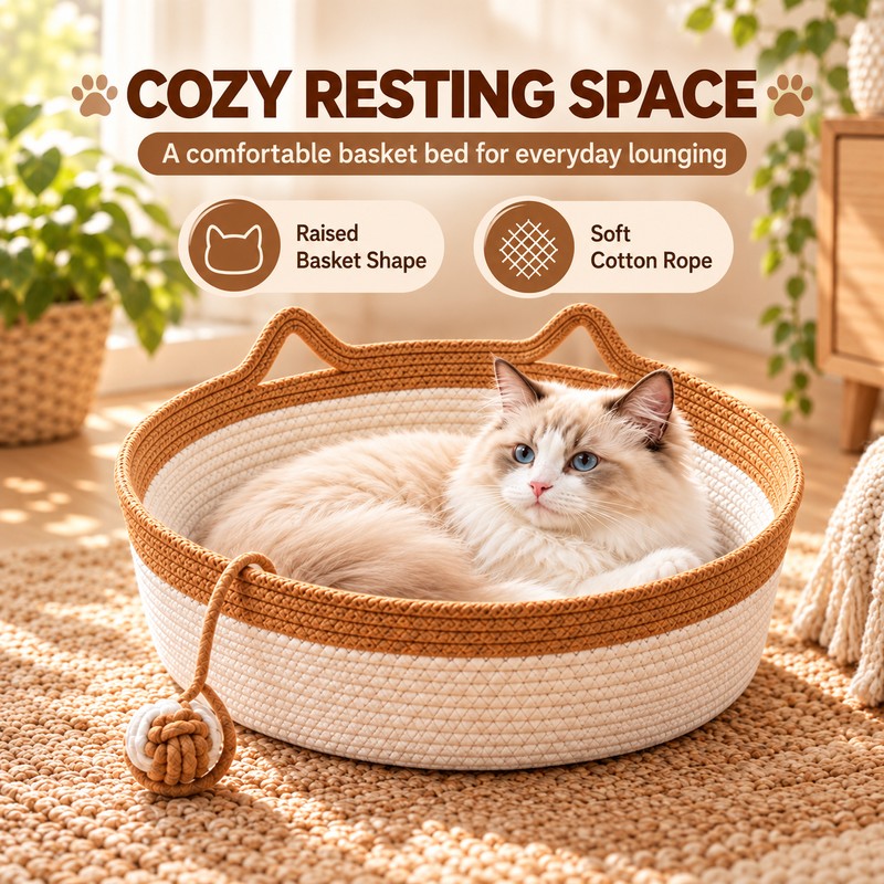Interactive Woven Cat Bed with Toy Tail – 3-in-1 Cotton