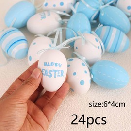 HERZONE 24pcs Easter Eggs Plastic Eggs for Hanging Eggs Easter Decoration Easter Decoration with Great Patterns Easter Eggs Craft Plastic Eggs Size: 6 x 4 cm (Blue)