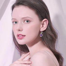 Amethyst Purple Leverback Earrings Sterling Silver Teardrop Dangle Earrings with Simulated February Birthstone Oval Crystal from Austria, Birthday Christmas Anniversary Jewelry Gifts for Women