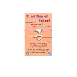 Ticome First Day of School Mother and Daughter Matching Heart Bracelets Braided Rope Pink Stainless Steel Charm Wish Bracelets Presents for Girls