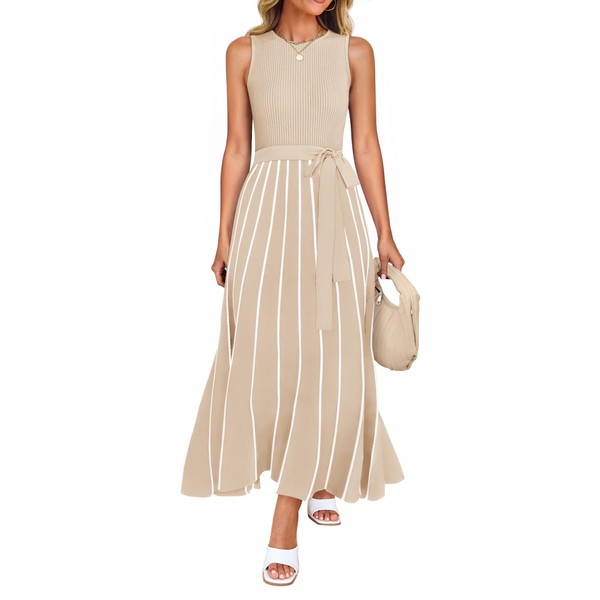 ZESICA Women's Summer Sleeveless Midi Dress 2025 Crewneck Ribbed Knit