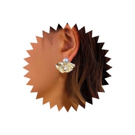 TseenYi Gold Fan Statement Earrings Irregular Sector Studs Earrings Metal Sector Exaggerated Earrings Pearl Fan Shape Earrings Crystal Pearl Studs Earrings