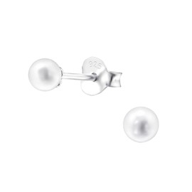 Bungsa Women's Stud Earrings Pearls 925 Sterling Silver 4 mm, Silver