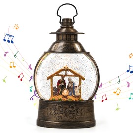 Christmas Snow Globes with Nativity Scene, Musical Lighted Water Lantern with Swirling Glitter, USB Lined/Battery Operated Christmas Decoration Gift for Family and Friends