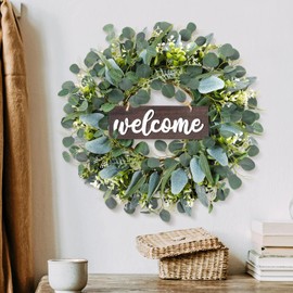 Weldomcor 55cm Large Artificial Green Eucalyptus Wreaths with Wooden Welcome Sign Spring Summer Wreath for Front Door Wedding Home Farmhouse Wall Window Porch Patio Garden Decoration, Brown