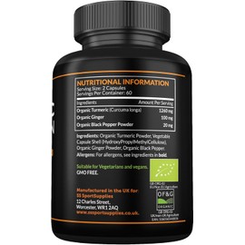 Organic Turmeric Capsules High Strength and Black Pepper with Active Curcumin with Ginger 1380mg - Advanced Tumeric - Each 120 Veg Capsule is Organic (2 Capsules per Serving)