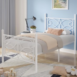 VECELO Twin Size Bed Frame Metal Platform Bed with Headboard and Footboard, Heavy Duty Mattress Foundation, No Box Spring Needed, Easy Assembly, White