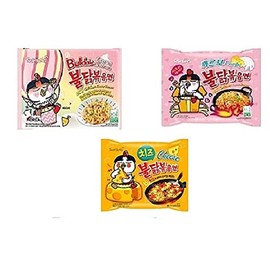 Sam Yang Korean Buldak Cream Carbonara Noodles Pk1 & Buldak Carbo Noddles Pk1 & Buldak Cheese Pk1(420Gm)(Imported) Pack Of 3 (Non - Vegetrian)