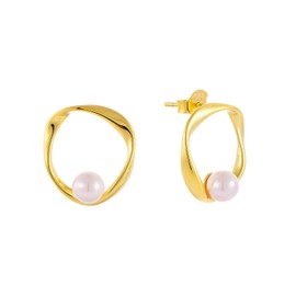 Sternvoll® Creole Earrings 925 Sterling Silver Rhodium Placed with Freshwater Pearls, Yellow Gold, Pearl