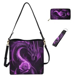 GIFTPUZZ Purple Dragon Bucket Bag - Stylish Crossbody & Organizer with Checkbook Wallet and Aztec Lanyard Keychain for Women | Perfect for Work, Travel, and Shopping 3 Pack