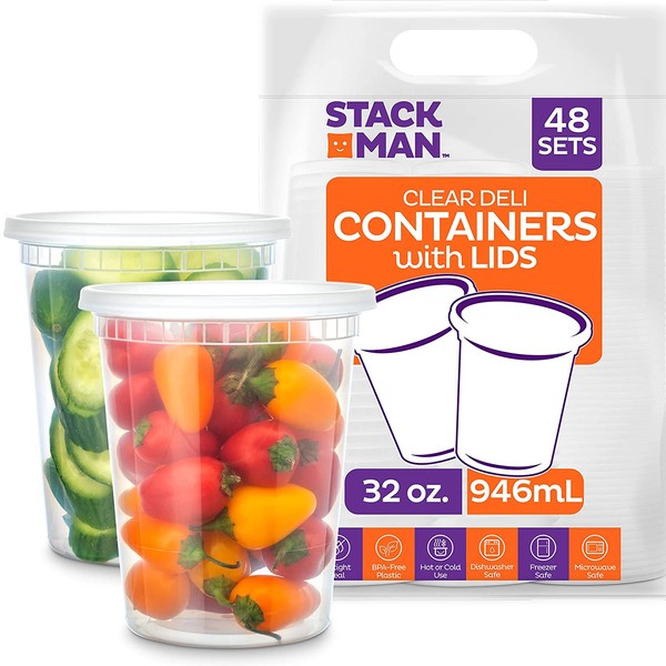 Stack Man [48 Pack, 32 oz] Plastic Deli Food Storage Soup Containers With Airtight Lids, Freezer Safe | Meal Prep | Stackable | Leakproof | BPA Free, Clear