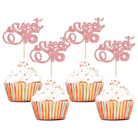 24 piezas de decoración para cupcakes de 16 años con purpurina, 16 años, 16 años, decoraciones para magdalenas de 16 años, suministros de decoración para tartas de 16 cumpleaños y aniversario, color oro rosa