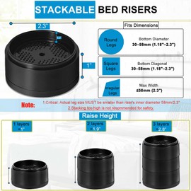 EGTTGIN 16 Pack Furniture Risers 1 Inch, Adjustable Bed Risers Heavy Duty for Table Desk Couch Chair Sofa Cabinet Bed Legs Dorm, Round Stackable Bed Raisers Blocks Lift Height 1", 2" or 3", Black