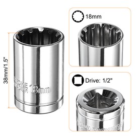 sourcing map 2pcs 12 Point Socket 1/2" Drive by 18mm Metric Shallow Socket Chrome Vanadium Steel 12-Point Standard Sockets Mechanic Hand Tool for Car Repair Mechanical Maintenance Home Use