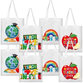 Capoda 16 Pcs Teacher Appreciation Gifts Thank You Teacher Canvas Tote Bag Reusable Gift Bags Bulk for Women Teachers(White)