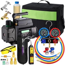 AC Vacuum Pump and Gauge Set 3.5 CFM 1/4 Hp, R134a R410a A/c Refrigeration Manifold Gauge with Leak Detector, Upgraded Trifold Storage Case, 3 Hoses, Can Taps, for Mini Split/HVAC/Auto Systems