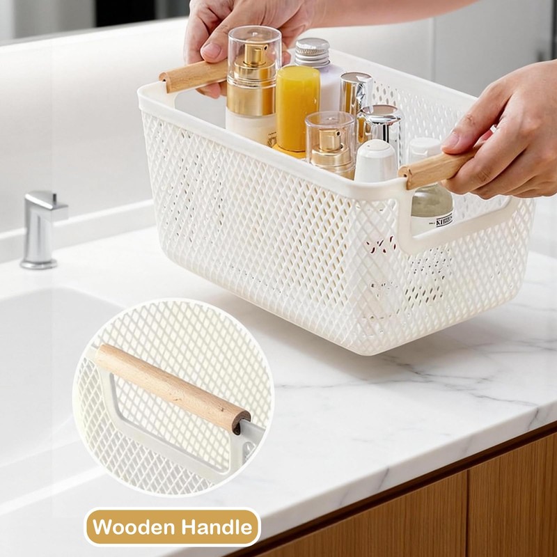 Runziti 2-Pack Plastic Storage Baskets with Handles, Mesh Pantry Organizer