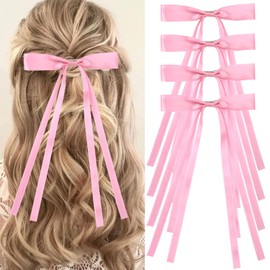 Vodolo Pink Hair Bows for Women,4 PCS Large Bow Hair Clips Tassel Ribbon Bowknot With Long Tail,Ribbon Hair Bows Barrettes for Thick Thin Hair,Nonslip Hair Accessories Christmas Birthday Gifts