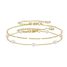 CANDYFANCY Danity Gold Bracelets For Women Pearl Beaded Bracelet Minimalist Double Layered Stainless Steel Cuban Chain Bracelets Fashion Jewelry Birthday Gifts For Sister Her