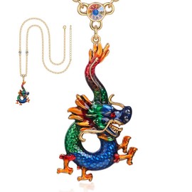 superchic Handmade Blue and Green Enamel Chinese Loong Animal Dragon Pendant Necklace for Women with Austrian Crystals in Gold Plating (Blue)
