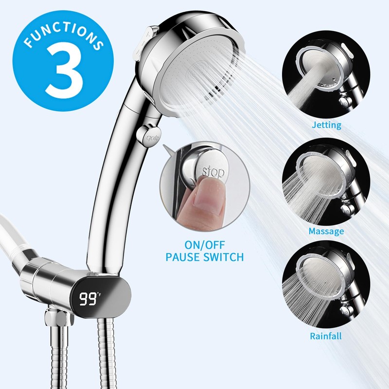 KAIYING High Pressure Shower Heads with Shower Thermometer, 3 Spray
