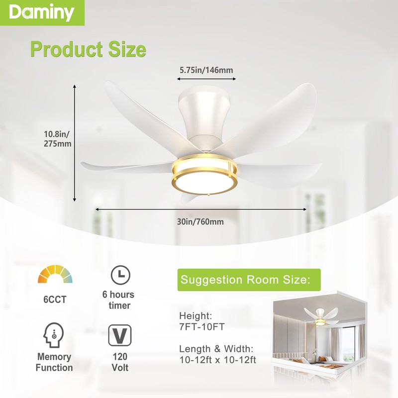 DAMINY 30 Inch White and Gold 5 Blade Ceiling Fan