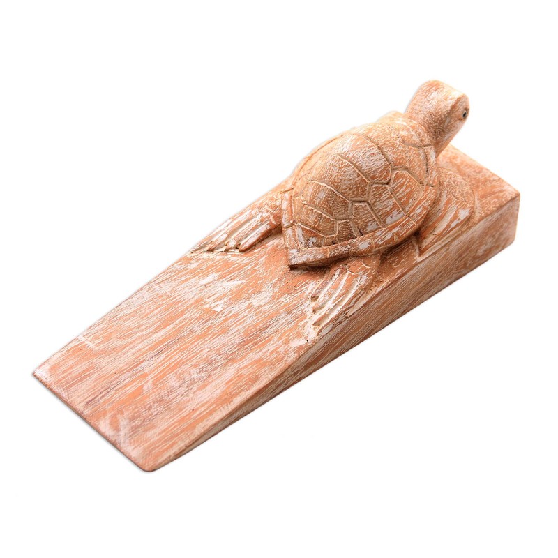 NOVICA Handmade Wood Baby Turtle Door Stopper, Brown and White,