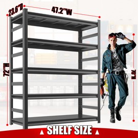 Sturdy Garage Shelving, Multifunctional Thickened Garage Storage Shelves, Heavy Duty Shelving Units, Adjustable 5-Tier Metal Durable Shelving, Large Capacity Storage Rack, 47.2"W*23.6"D*72"H, Black
