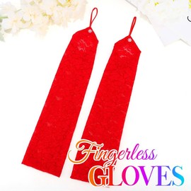 Latious Lace Gloves Black Fingerless Long Floral Gloves 1920s Party Prom Bridal Glove for Women and Brides Elbow Length (Red)