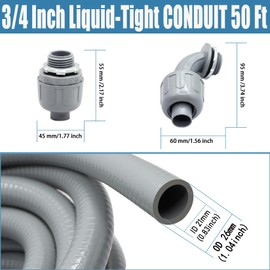 QSHFTO 3/4 Inch Liquid-Tight Conduit and Connector Kit - 50 FT Non-Metallic Electrical Conduit with 5 Pcs 180° Straight and 5 Pcs 90° Angle Fittings