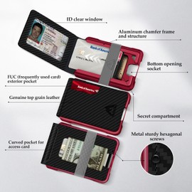 MURADIN - portafolios táctica para hombre con bloqueo RFID de metal para hombre, fibra de carbono con marco rojo, Minimalista