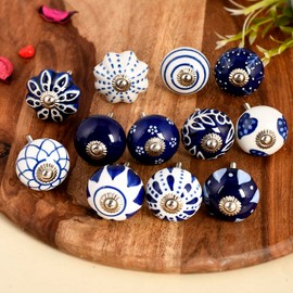 Fashionshopmart 12 PC Set Blue Ceramic Knobs Vintage Drawer Pulls, Decorative Cabinet Door Knobs for Kitchen, Dresser, Cupboard, Bathroom, Wardrobe & Furniture Hardware (Pack of 12)