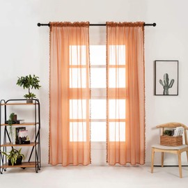 Selectex Linen Look Pom Pom Tasseled Sheer Curtains - Rod Pocket Voile Semi-Sheer Curtains for Living and Bedroom, Set of 2 Curtain Panels (52 x 84 inch, Pumpkin Yellow)