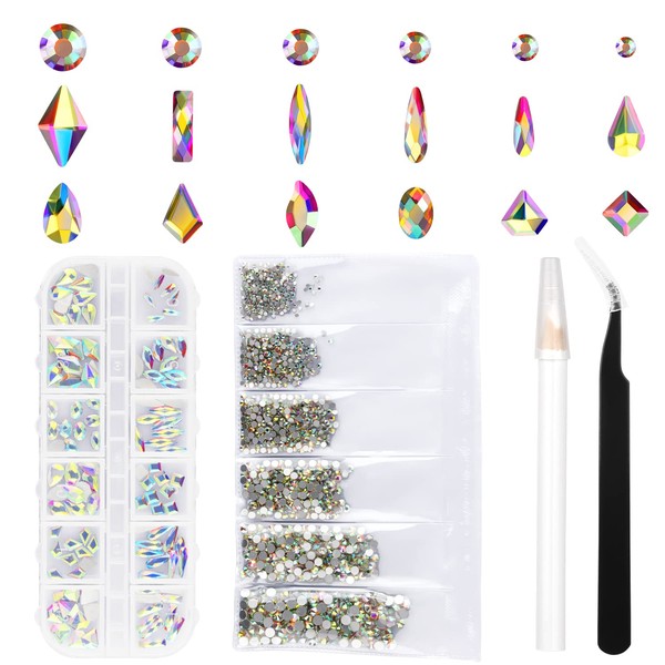 Rhinestones for Nails Gems Crystals - 1848 Pcs Sunbow Rhinestones Nail Charms Set Diamonds Iridescent Clear Class 1728pcs Multi-Shape Flat Nail Jewels 120pcs DIY for Nail Art Phones Clothes Shoes Bags