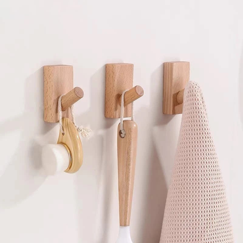 Homedo 4Pack Adhesive Wall Hooks Hat Rack, Wooden Coat Hooks