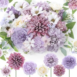 Janinka 100 Pcs Assorted Fake Flower Heads with Long Stem Mini Artificial Flower Bulk Mix Silk Faux Daisy for Crafts Fake Peony Rose for DIY Wedding Party Wreath Home Decoration(Purple)
