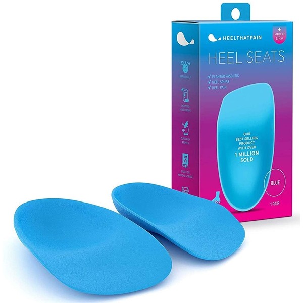 Heel That Pain Heel Seats Foot Orthotic Inserts - Heel Cups Cushions Insoles for Plantar Fasciitis, Heel Spurs, and Heel Pain, Blue, Large (Women's 10.5-13, Men's 8.5-12), 2 Pack