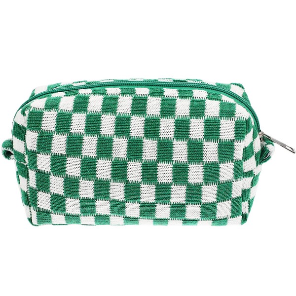 GALPADA Checkered Makeup Bag Wool Yarn Zipper Cosmetic Bag Toiletry Bag for Girls Travel, Light green, Fashionable