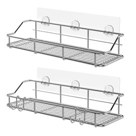 KESOL Adhesive Shower Caddy Shower Shelf Organizer for Bathroom Organization with Hooks, SUS304 Stainless Steel, 2 Pack (Silver)