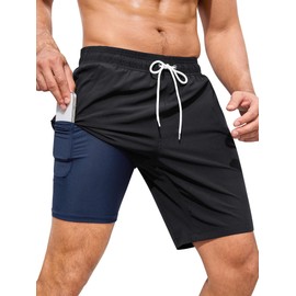 SILKWORLD Mens Swim Trunks with Compression Liner 9 Inch Inseam Quick Dry Bathing Suits Summer Beach Swimming Shorts with Zip Pockets,Black,2X-Large