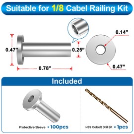 TooTaci 100 Pack T316 Protector Sleeves for 1/8 Cable Railing Kit, Marine Grade Protective Sleeves Deck Cable Railing Hardware for Wood Posts, 1/8 Wire Rope Deck Railing, DIY Balustrade