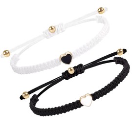KufaerBeam 2PCS String Bracelet with Heart Pendants,Adjustable Heart Beaded Matching Bracelets, A Delightful Birthday Present for Couples and Friendships (Black&White)