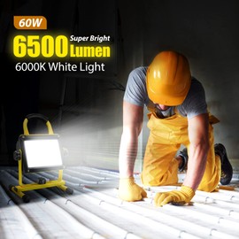 SYLSTAR Rechargeable Work Light, 60W 6500LM Super Bright LED Work Light with 4 Light Modes, IPX5 Waterproof Portable Floodlight with Stand for Garage, Construction, Workshop and Job Site Lighting