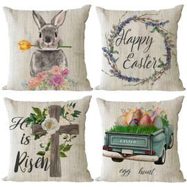 Easter Throw Pillow Covers 20x20 Set of 4 Spring Easter Pillow Covers Easter Cross Bunny Eggs hunt Truck Cushion Covers Pillow Cases for Home Outdoor Sofa Couch Decoration（20 inch）