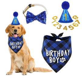 ZMD Dog Birthday Hat, Birthday Boy Dog Bandana with Bow Tie Numbers Dog Birthday Party Supplies Puppy Birthday Hat Outfit Decorations for Medium Large Dogs Pets, Blue
