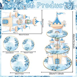 Blue Castle Birthday Party Decorations - 3 Tier Flower Castle Cupcake Stand Blue Theme Party Supplies Dessert Tower Holder for Birthday Baby Shower Wedding Decorations