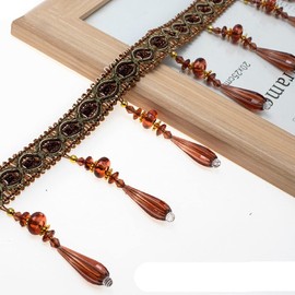 Yalulu 4 Yards Braided Hanging Beads Tassel Fringe Trimming Hanging Ball Trim Applique Fabric Ribbon Tape Band for Curtain Table Lampshades Wedding Decorated (Deep Coffee)