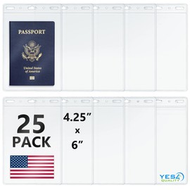 Yes4Quality - Vertical Passport & ID Badge Holder - 4x6 Inch, 25 Pack - Clear Name Badge Holders for Travel, Work & Events - Zipperless Card Protector for Vaccination Cards, Tickets & Credentials